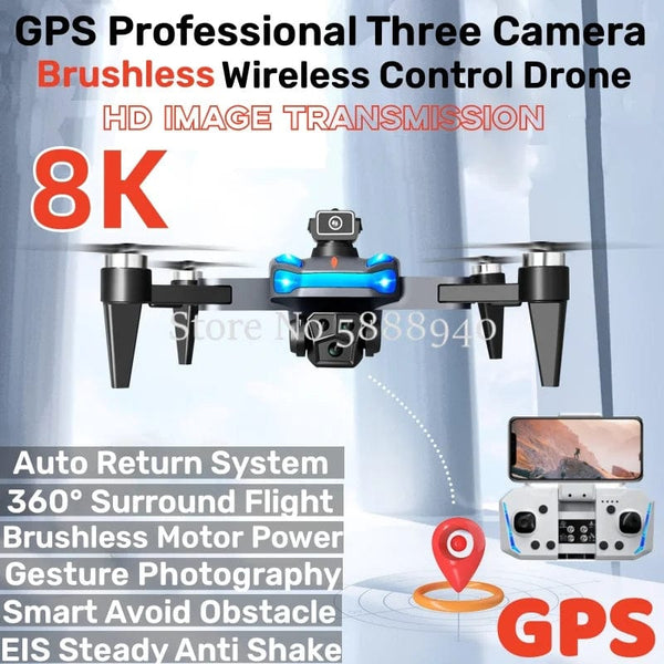 Planet Gates GPS Professional 8K Three Camera Brushless Wireless Control Drone 2.4G Avoid Obstacle Auto Return LED Light RC Drone Quadcopter
