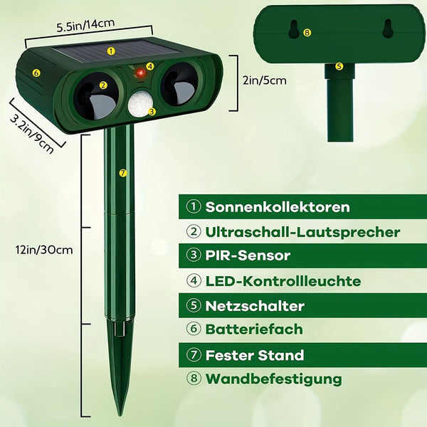 Planet Gates Grass Green 1pc, Outdoor Solar Ultrasonic Insect Repellent For Rats, Raccoons, Skunks, Moles, Dogs, Cats, Pests, Birds, Snakes, Wild Animals, Dangerous Animals, Comes With Waterproof Motion Detector, Powerful Solar Powered.
