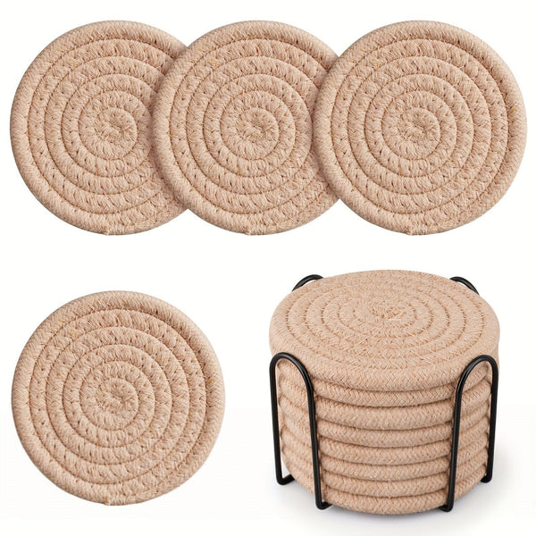 Planet Gates Grass Yellow 8pcs, Round Fabric Coasters, Thermal Insulation Mat For Household Kitchen Tables, Round Cotton Rope Woven Meal Pad, Plate Mat, Cup Mat, Pot Mat, Hanging Home Decoration