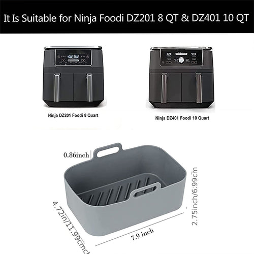 Planet Gates Gray 1pc 1pc/2pcs Air Fryer Silicone Liners Rectangular 20.07cm X 11.99cm For Ninja Foodi Dual DZ201 8QT/DZ090 6QT, MMH Reusable Airfryer Pot Replacement Baking Tray Basket Insert, Non-stick, Easy Cleaning, Food Safe, Gray