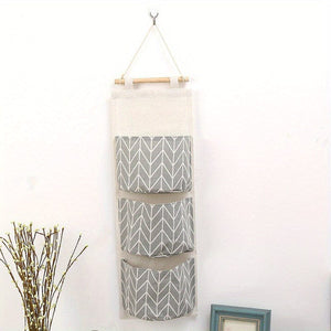 Planet Gates Gray 1pc Cotton Linen Storage Hanging Bag, With 3 Pockets, Door Back Wall Hanging Organizer, Fabric Finishing Storage Bag, Wall Mounted Storage Bag, For Toys Socks Shoes Sundries, Home Storage Supplies