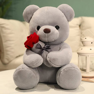 Planet Gates GRAY / 45cm Kawaii Teddy Bear with Roses Plush Toy Soft Bear Stuffed Doll Romantic Gift for Lover Home Decor Valentine's Day Gifts for Girls