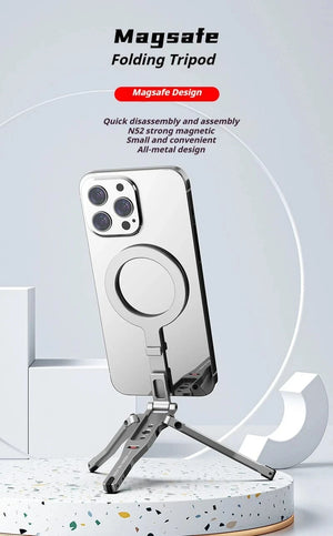 Planet Gates Gray Aluminum For Magsafe Tripod Magnetic Phone Holder Universal Magnetic Phone Tripod Mount Foldable Camera Phone Tripod Stand