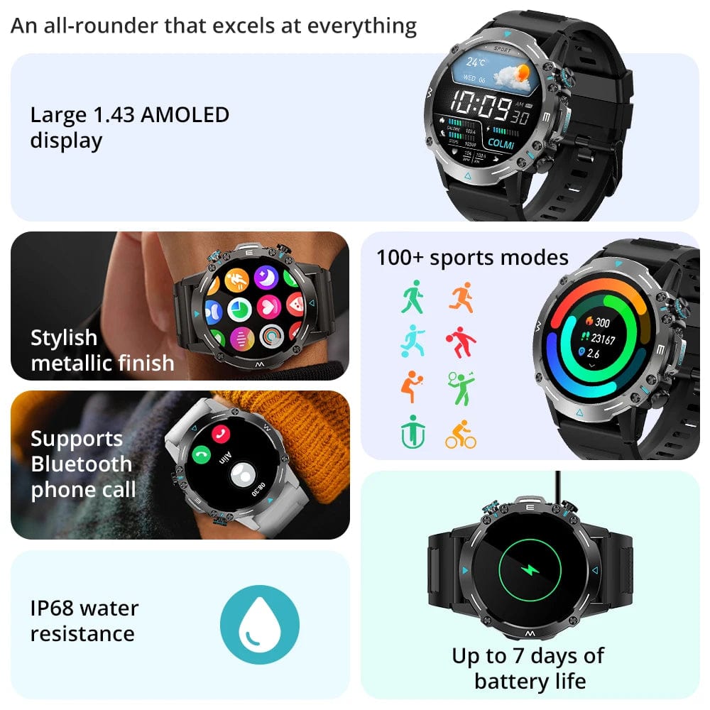 Planet Gates GRAY COLMI M42 Smartwatch 1.43'' AMOLED Display 100 Sports Modes Voice Calling Smart Watch Men Women Military Grade Toughness Watch