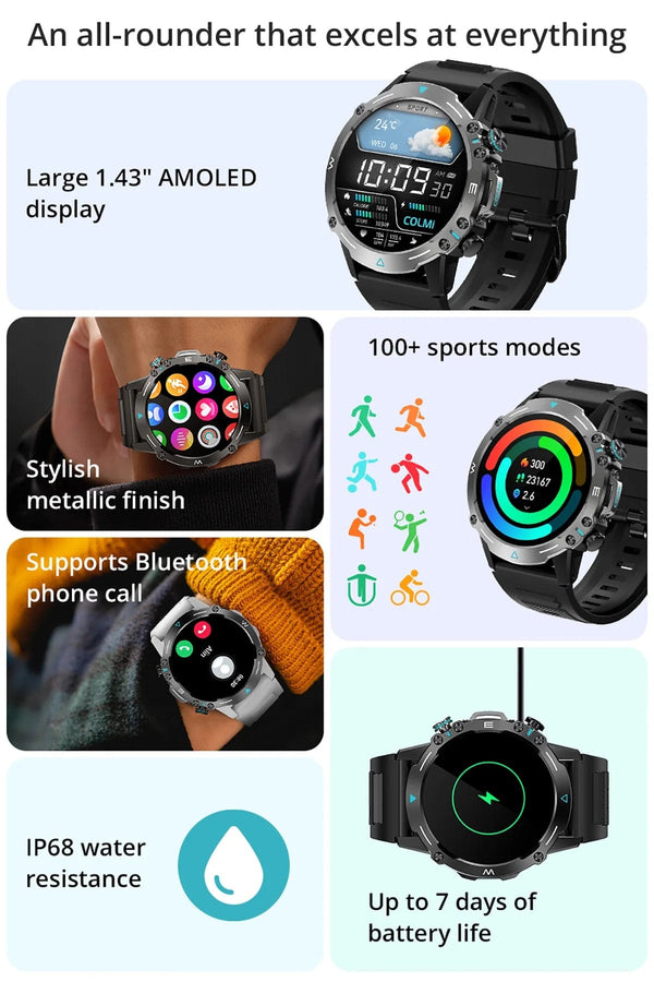 Planet Gates GRAY COLMI M42 Smartwatch 1.43'' AMOLED Display 100 Sports Modes Voice Calling Smart Watch Men Women Military Grade Toughness Watch