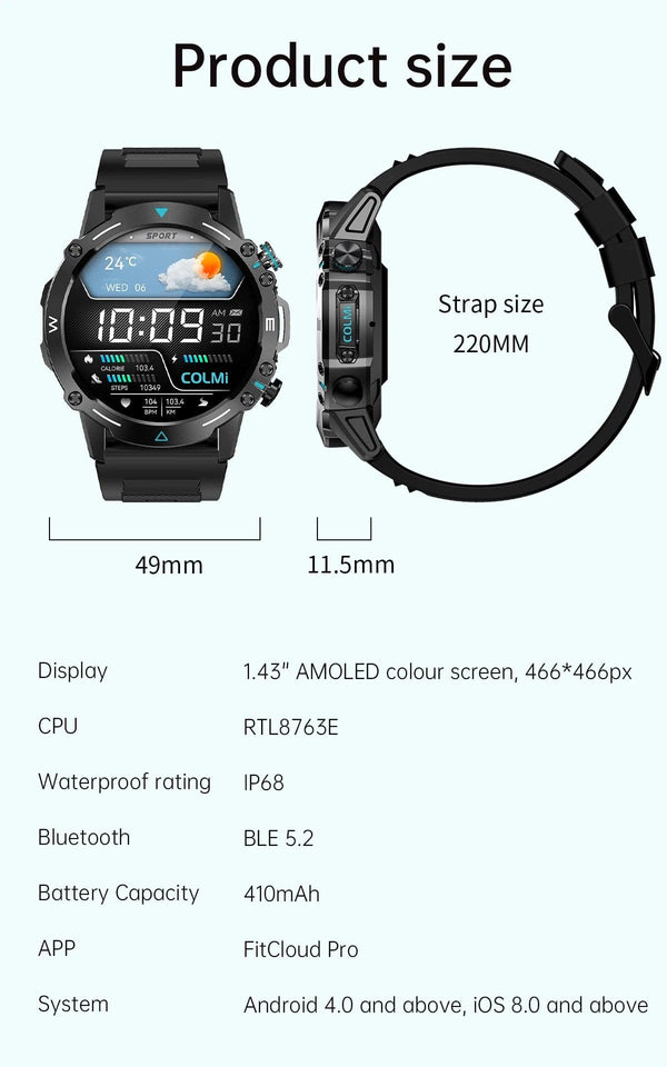 Planet Gates GRAY COLMI M42 Smartwatch 1.43'' AMOLED Display 100 Sports Modes Voice Calling Smart Watch Men Women Military Grade Toughness Watch