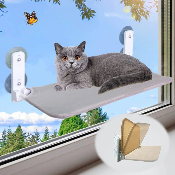 Planet Gates GRAY Foldable Cat Window Perch Cordless Cat Window Hammock with 4 Strong Suction Cups Windowsill Cat Beds Seat for Indoor Cats Inside