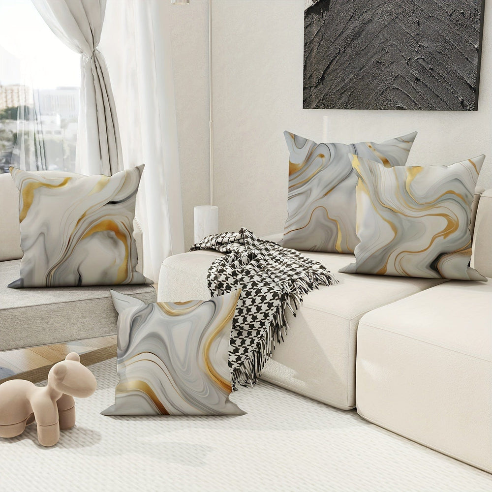 Planet Gates Gray Gold 4pcs, Marble Gray Gold Polyester Throw Pillow Covers, Modern Minimalist Abstract Textured Mid-Century Pillow Covers, Decorative Cushion Covers 45×45Cm/18 "X18", Suitable For Living Room Bedroom Sofa Bed Decoration