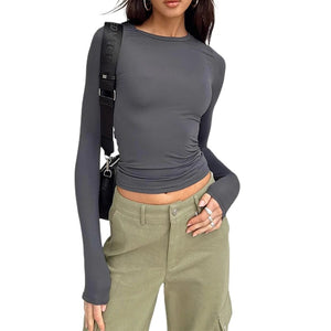 Planet Gates GRAY / L 2024 Women's Workout Long Sleeve Yoga Basic Tee Shirt Casual Round Neck Slim Athletic Running Solid T-Shirt Top