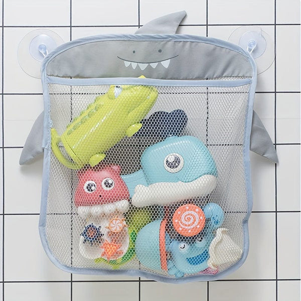 Planet Gates Gray-shark 1pc Bathroom Storage Bag With Suction Cups For Bath Toys, Household Sundries Organize Mesh Bag, Wall-mounted Grid Bag For Toy Storage, Dirty Clothes Storage And Toiletries Bag, Bathroom Organizer, Bathroom Accessories