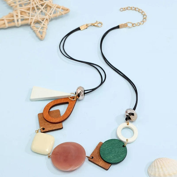 Planet Gates Gray Vintage Wooden Geometric Pendant Necklace with Collar Handmade Ethnic Statement Bib Necklaces for Women Neck Jewelry