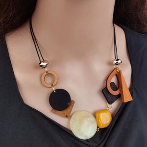Planet Gates Gray Vintage Wooden Geometric Pendant Necklace with Collar Handmade Ethnic Statement Bib Necklaces for Women Neck Jewelry