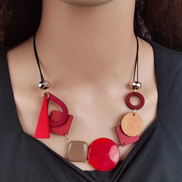 Planet Gates Gray Vintage Wooden Geometric Pendant Necklace with Collar Handmade Ethnic Statement Bib Necklaces for Women Neck Jewelry