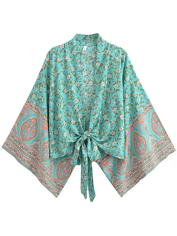 Planet Gates green 01 / S Boho Vintage Floral Print Beach Summer Short Kimono Women Fashion Ladies Casual V Neck Batwing Sleeves Bohemian Cover-ups