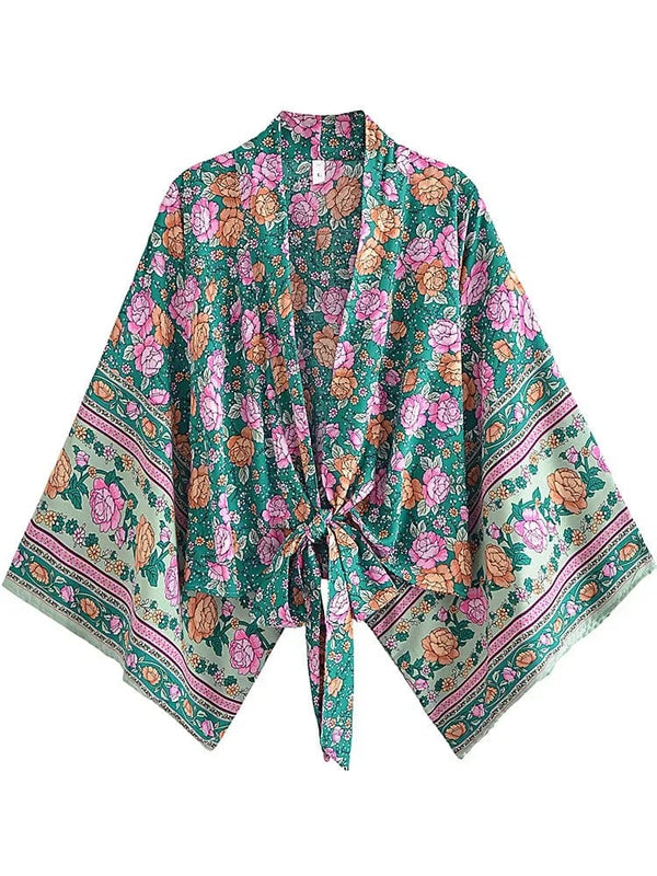 Planet Gates green 02 / XL Boho Vintage Floral Print Beach Summer Short Kimono Women Fashion Ladies Casual V Neck Batwing Sleeves Bohemian Cover-ups