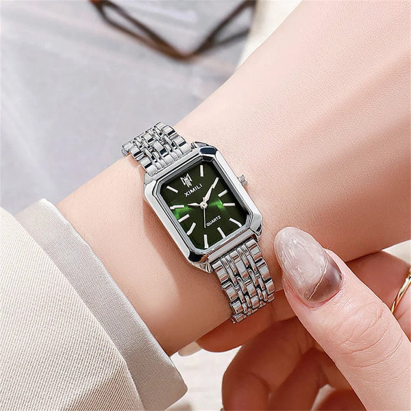 Planet Gates green 1 Luxury Ladies Fashion Quartz Watch Simple Scale Square Quality Gold Plated Women Watches Business Stainless Steel Folding Clock