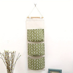 Planet Gates Green 1pc Cotton Linen Storage Hanging Bag, With 3 Pockets, Door Back Wall Hanging Organizer, Fabric Finishing Storage Bag, Wall Mounted Storage Bag, For Toys Socks Shoes Sundries, Home Storage Supplies