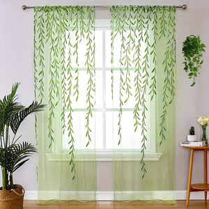 Planet Gates Green 1pc Elegant Willow Leaf Strip Window Sheer Curtains for Home Decor - Rod Pocket Design for Kitchen, Bedroom, Study, Cafe, and Living Room