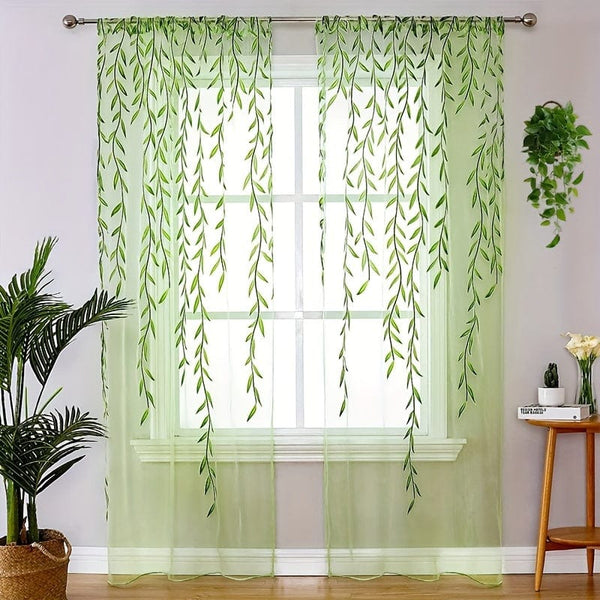 Planet Gates Green 1pc Elegant Willow Leaf Strip Window Sheer Curtains for Home Decor - Rod Pocket Design for Kitchen, Bedroom, Study, Cafe, and Living Room