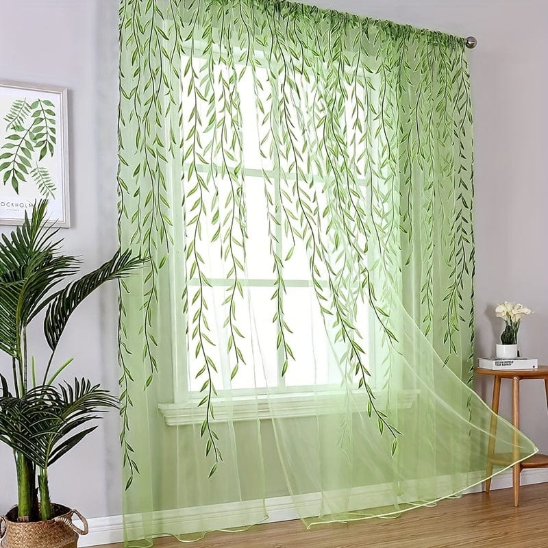 Planet Gates Green 1pc Elegant Willow Leaf Strip Window Sheer Curtains for Home Decor - Rod Pocket Design for Kitchen, Bedroom, Study, Cafe, and Living Room