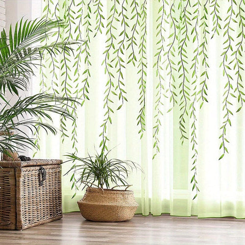 Planet Gates Green 1pc Elegant Willow Leaf Strip Window Sheer Curtains for Home Decor - Rod Pocket Design for Kitchen, Bedroom, Study, Cafe, and Living Room
