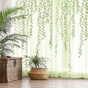 Planet Gates Green 1pc Elegant Willow Leaf Strip Window Sheer Curtains for Home Decor - Rod Pocket Design for Kitchen, Bedroom, Study, Cafe, and Living Room