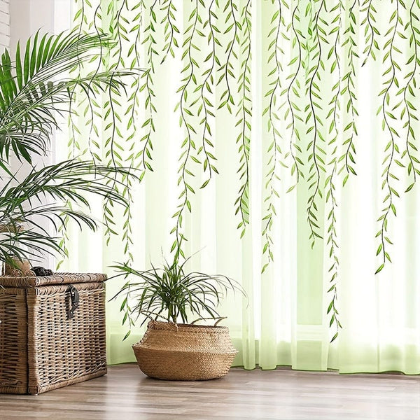 Planet Gates Green 1pc Elegant Willow Leaf Strip Window Sheer Curtains for Home Decor - Rod Pocket Design for Kitchen, Bedroom, Study, Cafe, and Living Room