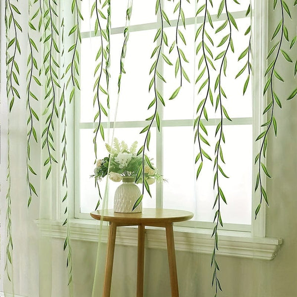 Planet Gates Green 1pc Elegant Willow Leaf Strip Window Sheer Curtains for Home Decor - Rod Pocket Design for Kitchen, Bedroom, Study, Cafe, and Living Room