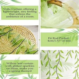 Planet Gates Green 1pc Elegant Willow Leaf Strip Window Sheer Curtains for Home Decor - Rod Pocket Design for Kitchen, Bedroom, Study, Cafe, and Living Room