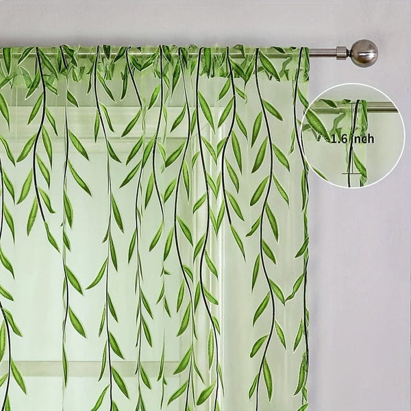 Planet Gates Green 1pc Elegant Willow Leaf Strip Window Sheer Curtains for Home Decor - Rod Pocket Design for Kitchen, Bedroom, Study, Cafe, and Living Room