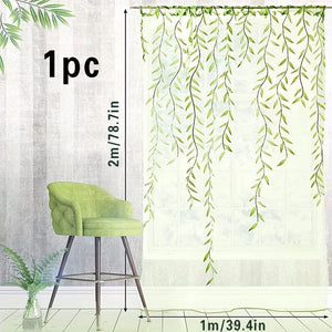 Planet Gates Green 1pc Elegant Willow Leaf Strip Window Sheer Curtains for Home Decor - Rod Pocket Design for Kitchen, Bedroom, Study, Cafe, and Living Room
