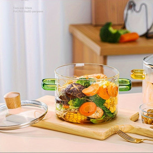 Planet Gates Green 1pc High Borosilicate Glass Pot, Open Fire Heat Resistant Pot, Household Transparent Double Ear Stew Pot, Electric Pot, furnace Heating Cooking Pot, Soup Pot, Household Cookware