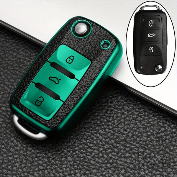 Planet Gates Green 1pc Leather TPU Car Key Case Cover Fob Shell For VW Volkswagen Polo Tiguan Passat Golf Jetta Beetle Caddy For Skoda Kodiaq Superb Octavia Accessories