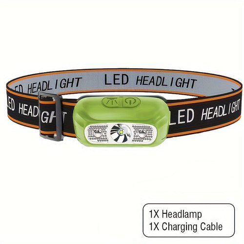 Planet Gates Green 1pc Mini Induction Headlamp USB Rechargeable, LED Sensor Torch With Built In Battery - Perfect For Fishing, Camping & Riding