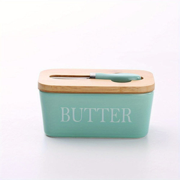 Planet Gates Green 1set Ceramic Butter Dish With Bamboo Lid And Knife, Large Butter Keeper Container For Counter, Airtight Butter Holder With Cover For Kitchen