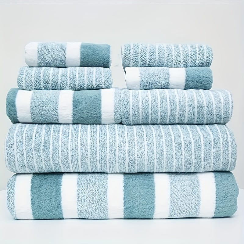 Planet Gates Green / 2BathTowels2HandTowels4Washclo 8pcs Striped Towels Set, Quick Dry Absorbent Bathroom Towels, 2 Bath Towels 2 Hand Towels 4 Washcloth, Towels For Home Bathroom Hotel And Spa Salon, Bathroom Supplies, Bathroom Accessories