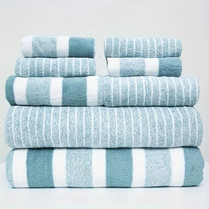 Planet Gates Green / 2BathTowels2HandTowels4Washclo 8pcs Striped Towels Set, Quick Dry Absorbent Bathroom Towels, 2 Bath Towels 2 Hand Towels 4 Washcloth, Towels For Home Bathroom Hotel And Spa Salon, Bathroom Supplies, Bathroom Accessories