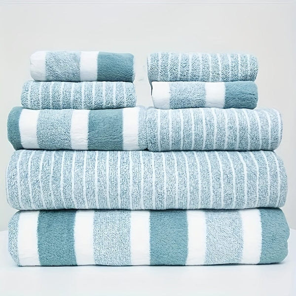 Planet Gates Green / 2BathTowels2HandTowels4Washclo 8pcs Striped Towels Set, Quick Dry Absorbent Bathroom Towels, 2 Bath Towels 2 Hand Towels 4 Washcloth, Towels For Home Bathroom Hotel And Spa Salon, Bathroom Supplies, Bathroom Accessories