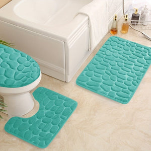 Planet Gates Green 3pcs/set, Memory Foam Bathroom Rugs Set, Cobblestone Embossed Ultra Soft Non-Slip Bath Rug & Absorbent Bath Mat Carpets, Includes U-Shaped Contour Rug, Perfect For Bathroom/Shower, Bathroom Supplies