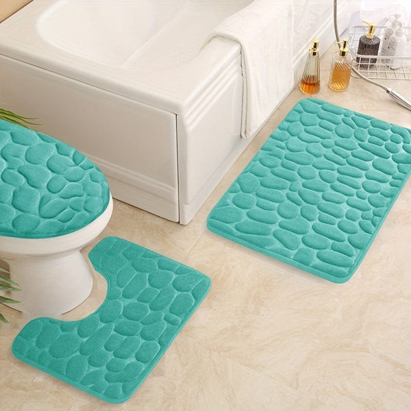 Planet Gates Green 3pcs/set, Memory Foam Bathroom Rugs Set, Cobblestone Embossed Ultra Soft Non-Slip Bath Rug & Absorbent Bath Mat Carpets, Includes U-Shaped Contour Rug, Perfect For Bathroom/Shower, Bathroom Supplies