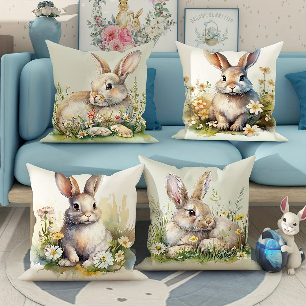 Planet Gates Green 4pcs Easter Spring Farmhouse Velvet Throw Pillow Covers, Bunny Floral Brown Green Throw Pillow Covers, Decorative Throw Pillow Covers 45×45Cm/18"×18", Throw Pillow Cover For Easter Party Living Room Bedroom Sofa Bed