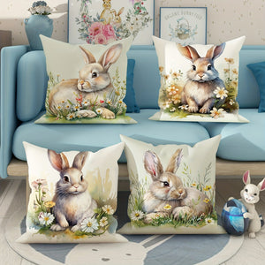 Planet Gates Green 4pcs Easter Spring Farmhouse Velvet Throw Pillow Covers, Bunny Floral Brown Green Throw Pillow Covers, Decorative Throw Pillow Covers 45×45Cm/18"×18", Throw Pillow Cover For Easter Party Living Room Bedroom Sofa Bed