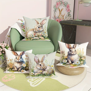 Planet Gates Green 4pcs Easter Spring Farmhouse Velvet Throw Pillow Covers, Bunny Floral Brown Green Throw Pillow Covers, Decorative Throw Pillow Covers 45×45Cm/18"×18", Throw Pillow Cover For Easter Party Living Room Bedroom Sofa Bed