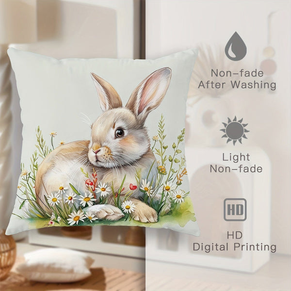Planet Gates Green 4pcs Easter Spring Farmhouse Velvet Throw Pillow Covers, Bunny Floral Brown Green Throw Pillow Covers, Decorative Throw Pillow Covers 45×45Cm/18"×18", Throw Pillow Cover For Easter Party Living Room Bedroom Sofa Bed