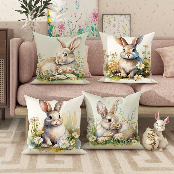 Planet Gates Green 4pcs Easter Spring Farmhouse Velvet Throw Pillow Covers, Bunny Floral Brown Green Throw Pillow Covers, Decorative Throw Pillow Covers 45×45Cm/18"×18", Throw Pillow Cover For Easter Party Living Room Bedroom Sofa Bed