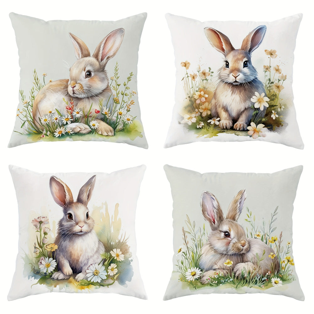 Planet Gates Green 4pcs Easter Spring Farmhouse Velvet Throw Pillow Covers, Bunny Floral Brown Green Throw Pillow Covers, Decorative Throw Pillow Covers 45×45Cm/18"×18", Throw Pillow Cover For Easter Party Living Room Bedroom Sofa Bed