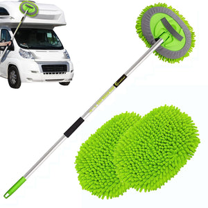 Planet Gates Green 62" Car Wash Brush Kit With Long Handle, Scratch Free Mop Cleaning Mitt Suitable For Washing Cars Truck SUV RV Caravans And Household (2 X Mop Head)