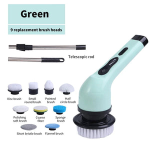 Planet Gates Green 9 heads 9-in-1 Electric Cleaning Brush Electric Spin Cleaning Scrubber Electric Cleaning Tools Parlour Kitchen Bathroom Cleaning Gadgets