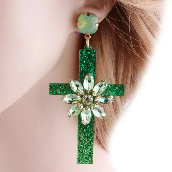 Planet Gates green Drop Resin Cross Earrings Brand Crystal Big Earring Large Long Brinco Ear Accessories Oorbellen Christmas Gift jewelr