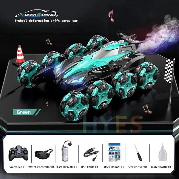 Planet Gates Green Dual-mode New Eight Wheels RC Car Toys 2.4G Trendy Spray Twisting Flips Watch Remote Control Drift Stunt Car Toy Gifts For Children Adults